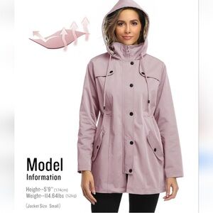 Two rain jackets. Women's Mauve Utility Jacket with Hood.